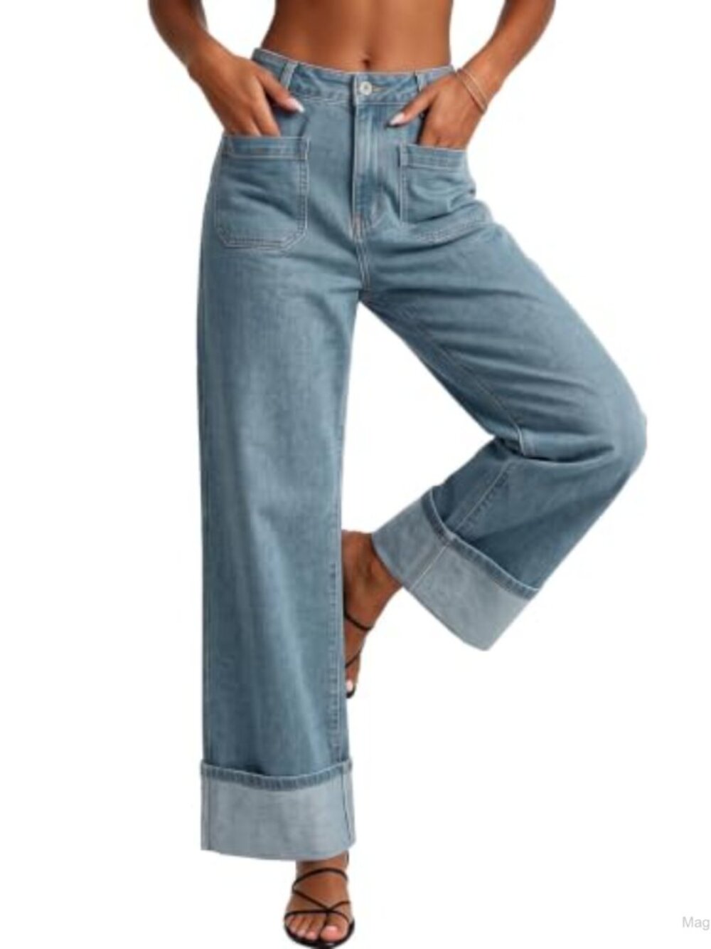 Women's High Waisted Wide Leg Stretch Denim Jeans Cuffed Hem